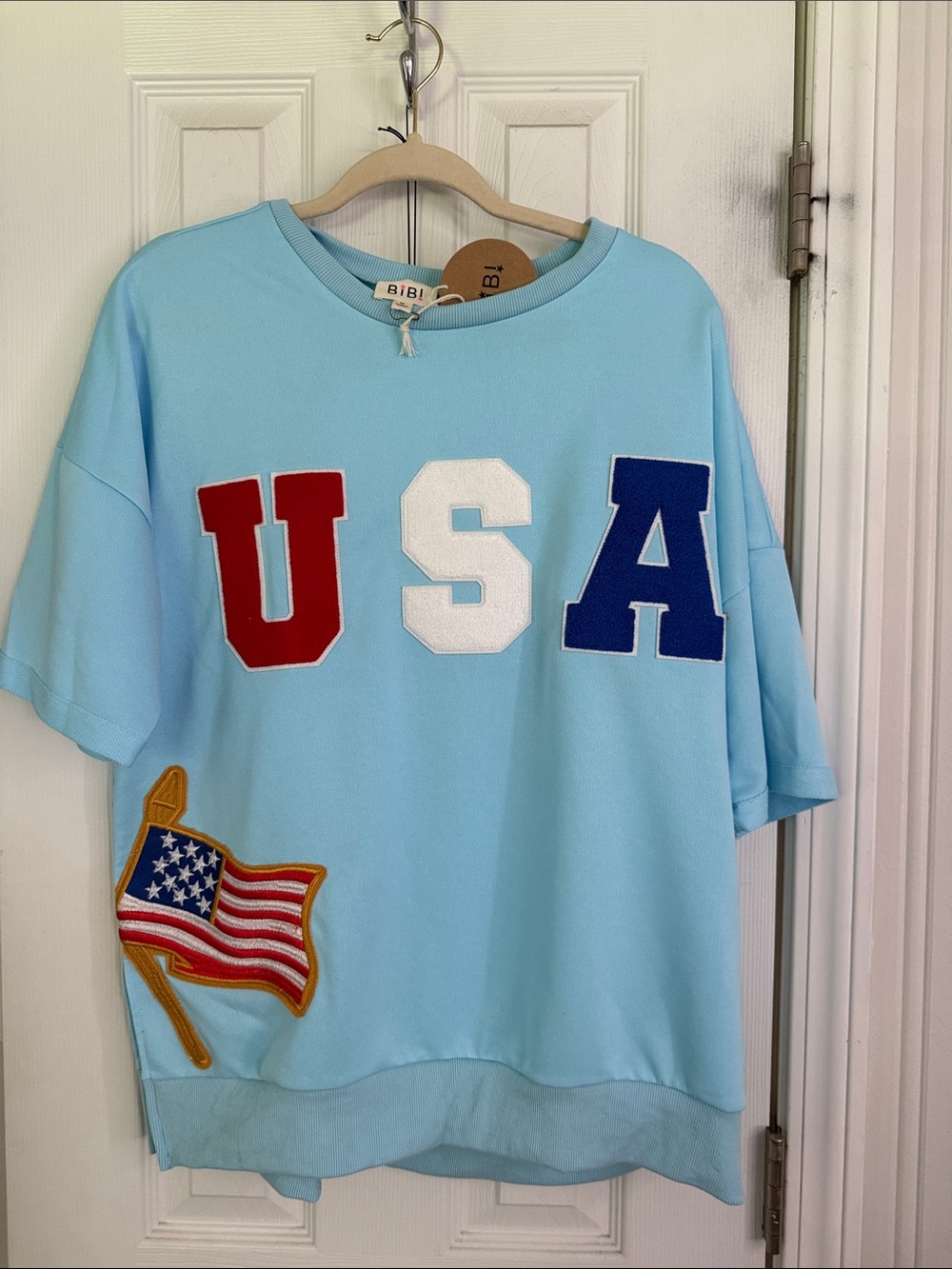 BiBi Light Blue Short-Sleeve Sweatshirt with USA Appliqués